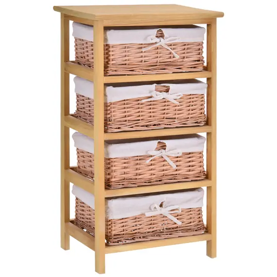 Buy 4 Drawer Dresser Wicker Basket Storage Shelf Unit Wooden Frame Home Organisation Cabinet Bedroom Office Furniture Natural Finish 73x40cm