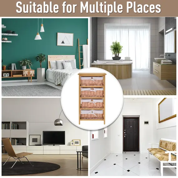 Buy 4 Drawer Dresser Wicker Basket Storage Shelf Unit Wooden Frame Home Organisation Cabinet Bedroom Office Furniture Natural Finish 73x40cm, 5 image