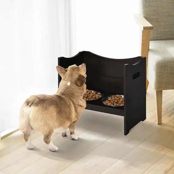Buy Elevated Duo Pet Feeder w/ 2 Stainless Steel Bowls MDF Frame Adjustable Shelf Handles Raised Dog Cat Food Drink 47x54cm Brown