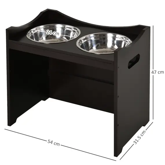 Buy Elevated Duo Pet Feeder w/ 2 Stainless Steel Bowls MDF Frame Adjustable Shelf Handles Raised Dog Cat Food Drink 47x54cm Brown, 2 image