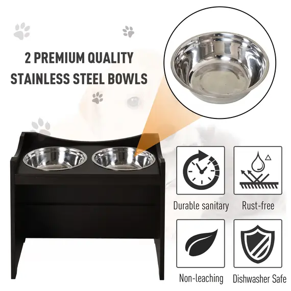 Buy Elevated Duo Pet Feeder w/ 2 Stainless Steel Bowls MDF Frame Adjustable Shelf Handles Raised Dog Cat Food Drink 47x54cm Brown, 3 image
