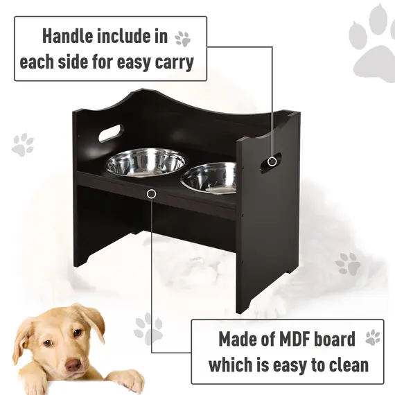 Buy Elevated Duo Pet Feeder w/ 2 Stainless Steel Bowls MDF Frame Adjustable Shelf Handles Raised Dog Cat Food Drink 47x54cm Brown, 4 image
