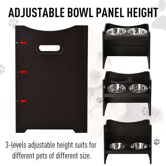 Buy Elevated Duo Pet Feeder w/ 2 Stainless Steel Bowls MDF Frame Adjustable Shelf Handles Raised Dog Cat Food Drink 47x54cm Brown, 6 image