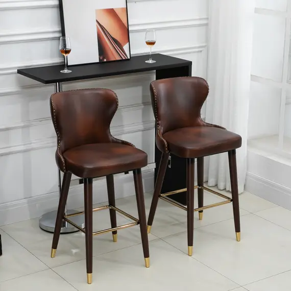 Buy HOMCOM Set of 2 PU Leather Vintage Counter-Height Bar Chair, Home Luxury European Style Bar Stool Kitchen Counter with Back, Brown and Golden