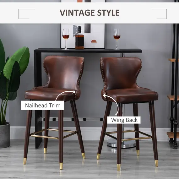 Buy HOMCOM Set of 2 PU Leather Vintage Counter-Height Bar Chair, Home Luxury European Style Bar Stool Kitchen Counter with Back, Brown and Golden, 3 image
