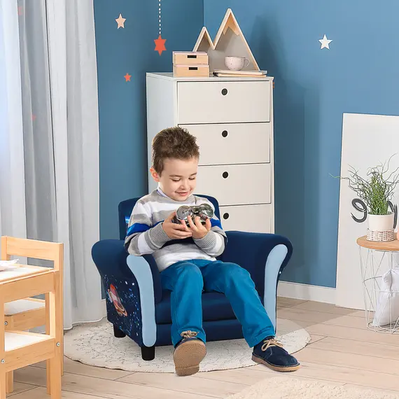 Buy Kids Armchair Children Sofa Tub Chair Space Rocket Wood Frame Thick Padding High Back Armrest Anti Slip Feet Blue for 3 - 6 Yrs