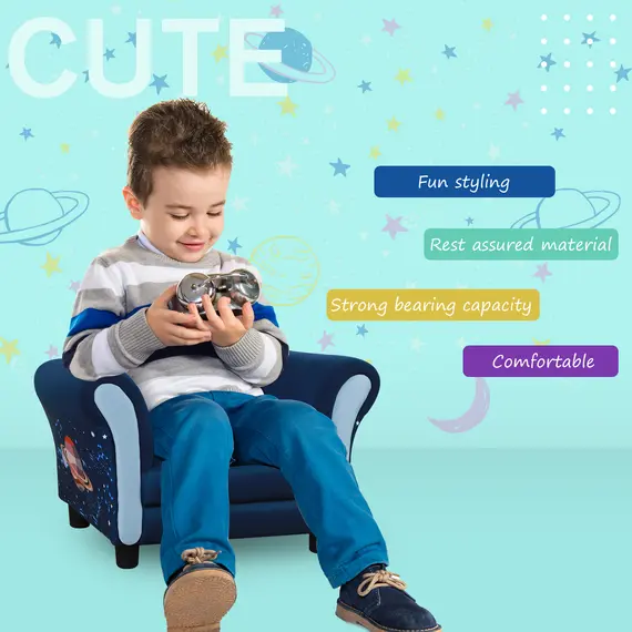 Buy Kids Armchair Children Sofa Tub Chair Space Rocket Wood Frame Thick Padding High Back Armrest Anti Slip Feet Blue for 3 - 6 Yrs, 3 image