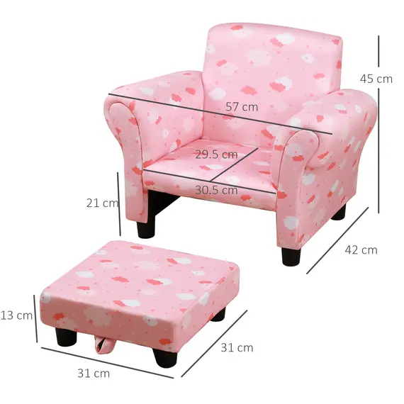 Buy Kids Children Armchair Mini Sofa Wood Frame w/ Footrest Anti-Slip Legs High Back Arms Bedroom Playroom Furniture Cute Cloud Star Pink, 2 image