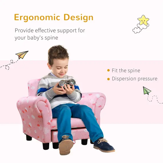 Buy Kids Children Armchair Mini Sofa Wood Frame w/ Footrest Anti-Slip Legs High Back Arms Bedroom Playroom Furniture Cute Cloud Star Pink, 3 image
