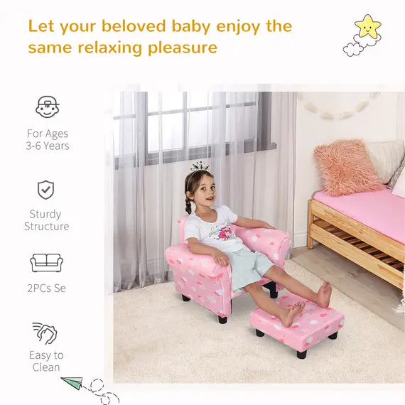 Buy Kids Children Armchair Mini Sofa Wood Frame w/ Footrest Anti-Slip Legs High Back Arms Bedroom Playroom Furniture Cute Cloud Star Pink, 4 image