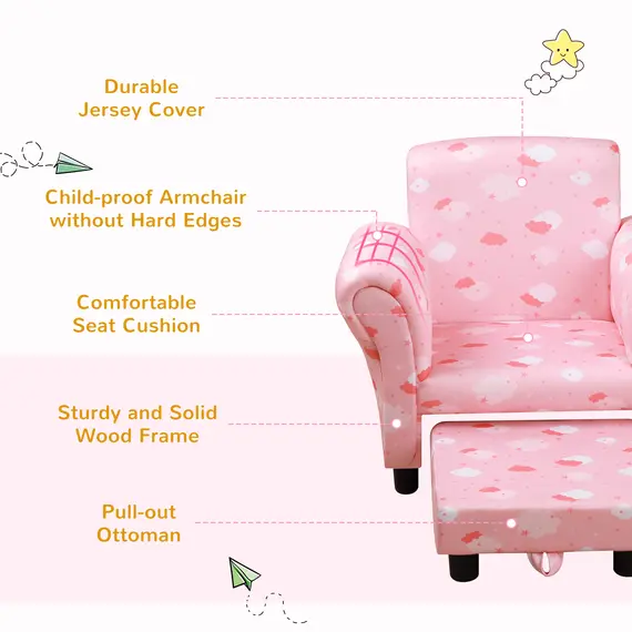 Buy Kids Children Armchair Mini Sofa Wood Frame w/ Footrest Anti-Slip Legs High Back Arms Bedroom Playroom Furniture Cute Cloud Star Pink, 5 image