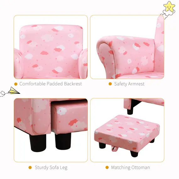 Buy Kids Children Armchair Mini Sofa Wood Frame w/ Footrest Anti-Slip Legs High Back Arms Bedroom Playroom Furniture Cute Cloud Star Pink, 6 image