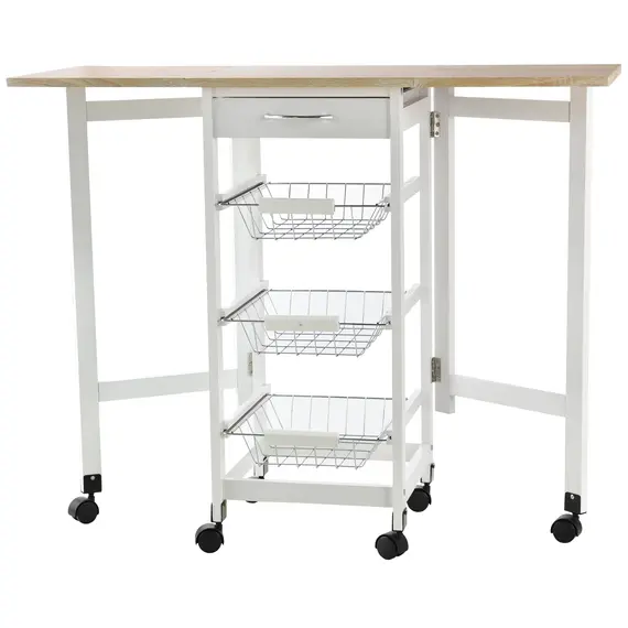 Buy Drop-Leaf Kitchen Cart Trolley w/ 3 Baskets Drawer Surface Top 6 Universal Wheels Rolling Storage Unit Kitchen Home Dining Island White Oak Tone