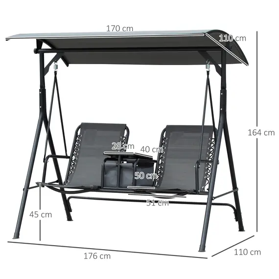 Buy Outsunny 2-Seater Swing Chair Steel Frame Adjustable Canopy Texteline Garden Swing Seat w/ Middle Table Cup Holders Heavy Duty Outdoor Patio - Grey, 2 image