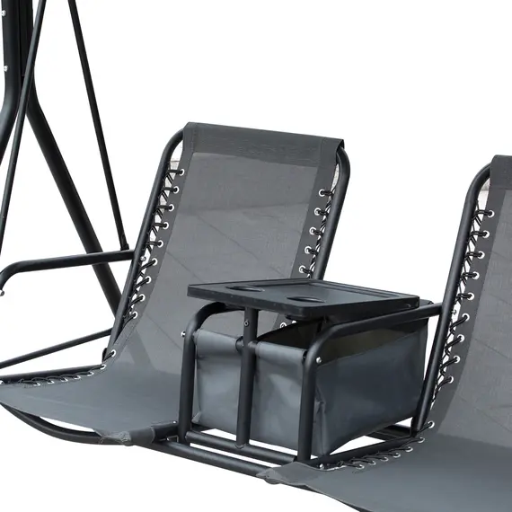 Buy Outsunny 2-Seater Swing Chair Steel Frame Adjustable Canopy Texteline Garden Swing Seat w/ Middle Table Cup Holders Heavy Duty Outdoor Patio - Grey, 8 image