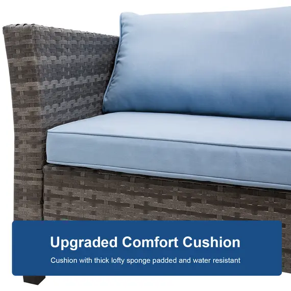 Buy Outsunny 4-Seater Rattan Garden Furniture Corner Sofa Set w/ 2 Seats Footstool Square Glass Top Coffee Table Thick Blue Cushions Solid Legs - Grey, 4 image