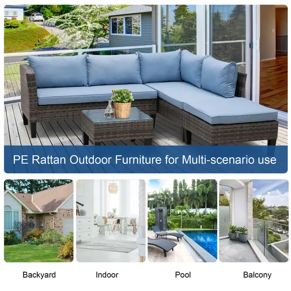 Buy Outsunny 4-Seater Rattan Garden Furniture Corner Sofa Set w/ 2 Seats Footstool Square Glass Top Coffee Table Thick Blue Cushions Solid Legs - Grey, 6 image