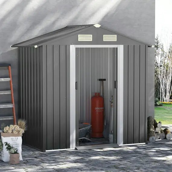Buy Outsunny 6ft x 3.7ft Garden Metal Storage Shed w/ Double Sliding Door and Air Vents, Tool Storage for Backyard Patio Lawn, Grey, 8 image