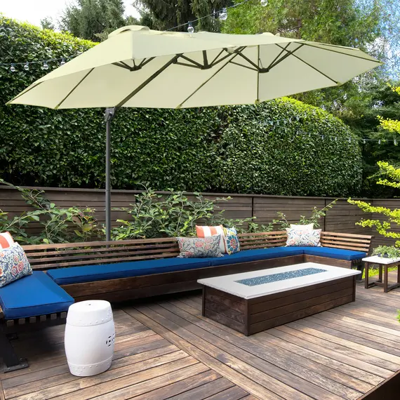 Buy Outsunny Double Parasol Patio Umbrella Garden Sun Shade w/ Steel Pole 12 Support Ribs Crank Handle Easy Lift Twin Canopy - Beige | AOSOM UK