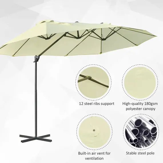 Buy Outsunny Double Parasol Patio Umbrella Garden Sun Shade w/ Steel Pole 12 Support Ribs Crank Handle Easy Lift Twin Canopy - Beige | AOSOM UK, 4 image