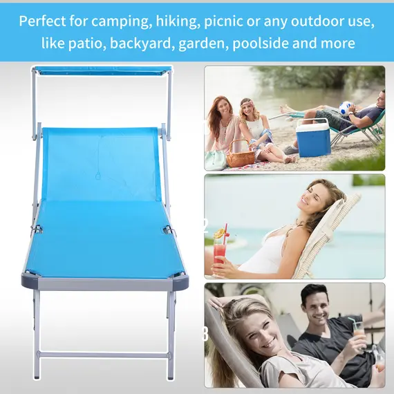Buy Outsunny Garden Sun Lounger Texteline Chaise Lounge Reclining Chair with Canopy Adjustable Backrest Bed Aluminium Frame - Blue, 3 image