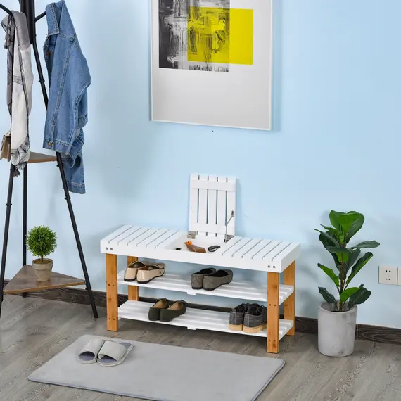Buy Shoe Bench, 3-Tier Wooden Shoe Rack with Hidden Storage Compartment, Slatted Shelves, Home Storage Unit, Natural, 90L x 29W x45H cm