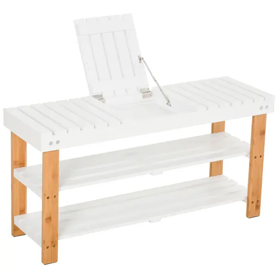 Buy Shoe Bench, 3-Tier Wooden Shoe Rack with Hidden Storage Compartment, Slatted Shelves, Home Storage Unit, Natural, 90L x 29W x45H cm, 8 image