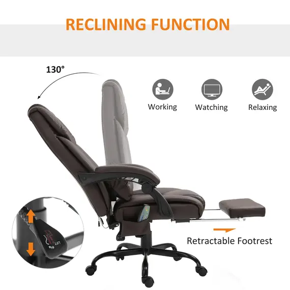 Buy Vinsetto 6-Point PU Leather Massage Racing Chair Electric Padded Recliner Height Angle Adjustable 5 Wheels w/ Remote Footrest Office Comfort Brown, 4 image