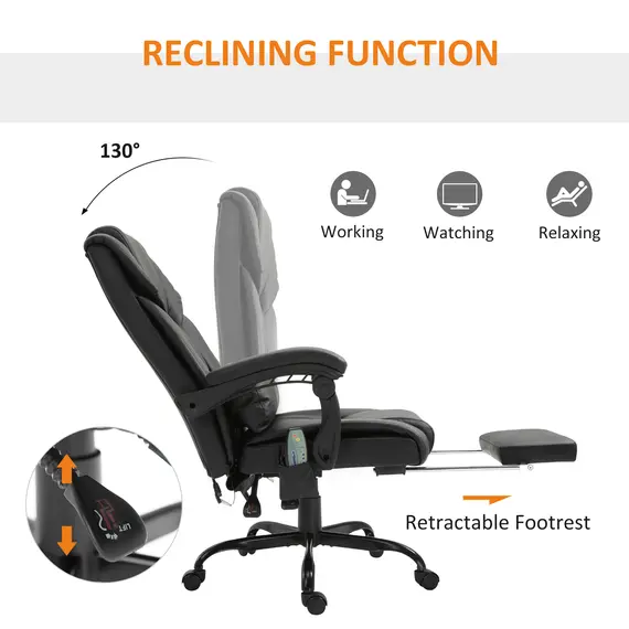 Buy Vinsetto 6-Point PU Leather Massage Racing Chair Electric Padded Recliner Height Angle Adjustable 5 Wheels w/ Remote Footrest Office Masseuse Black, 4 image