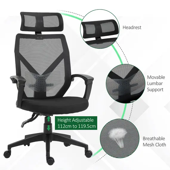 Buy Vinsetto High Back Home Mesh Office Chair Swivel Reclining w/ Lumbar Support Height Adjustable Free Moving Suitable For Working Relaxing Black, 5 image