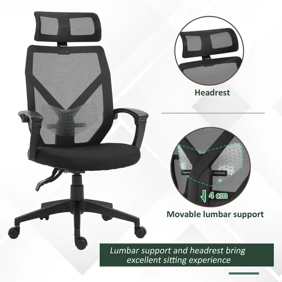 Buy Vinsetto High Back Home Mesh Office Chair Swivel Reclining w/ Lumbar Support Height Adjustable Free Moving Suitable For Working Relaxing Black, 6 image
