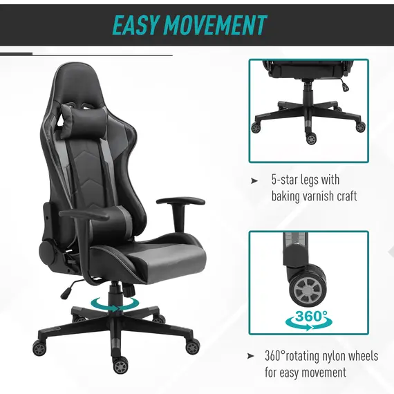 Buy Vinsetto High Back Racing Gaming Chair Reclining 360В° Swivel Rocking Height Adjustable with Pillow and Build-in Lumbar Home Black PU Leather, 4 image