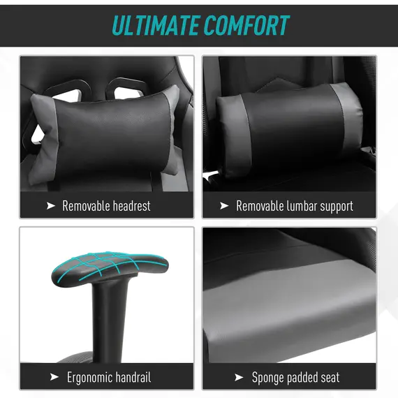 Buy Vinsetto High Back Racing Gaming Chair Reclining 360В° Swivel Rocking Height Adjustable with Pillow and Build-in Lumbar Home Black PU Leather, 6 image