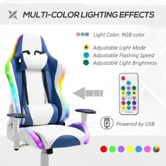 Buy Vinsetto RGB LED Light Gaming Chair, PU Leather Thick Padding High Back Office Chair with Removable Pillows Adjustable Height 5 Wheels White, 3 image