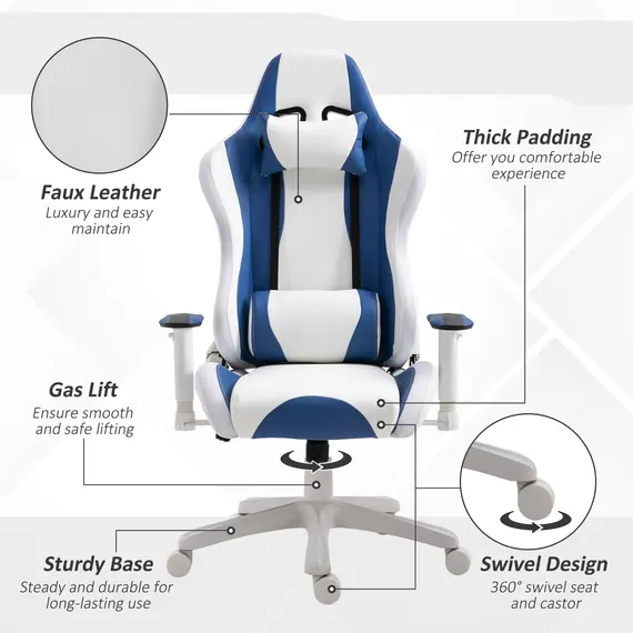 Buy Vinsetto RGB LED Light Gaming Chair, PU Leather Thick Padding High Back Office Chair with Removable Pillows Adjustable Height 5 Wheels White, 6 image
