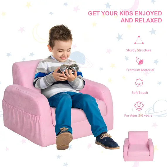 Buy 2 In 1 Kids Children Sofa Chair Bed Folding Couch Soft Flannel Foam Toddler Furniture for Playroom Bedroom Living Room Pink, 3 image