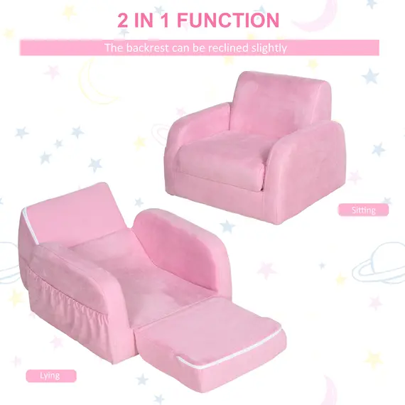 Buy 2 In 1 Kids Children Sofa Chair Bed Folding Couch Soft Flannel Foam Toddler Furniture for Playroom Bedroom Living Room Pink, 4 image