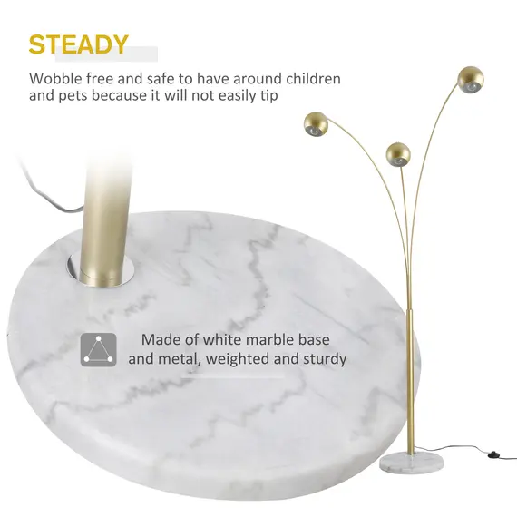 Buy 3-Branch Futuristic Floor Lamp Metal Frame Multi-Light Shade Adjustable Rotating w/ Marble Base, 198cm, Gold, 4 image