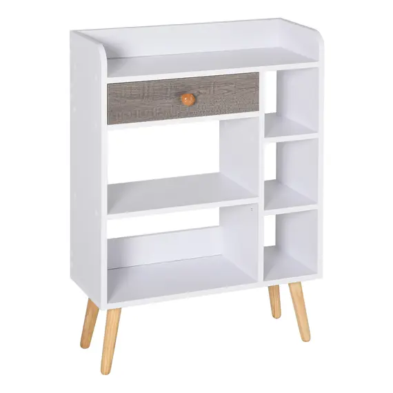 Buy Bookcase, Freestanding Book Shelf with Storage Drawer, 6 Shelves and Wood Legs for Home Office Display, White and Grey, 24D x 60W x 86.8H cm