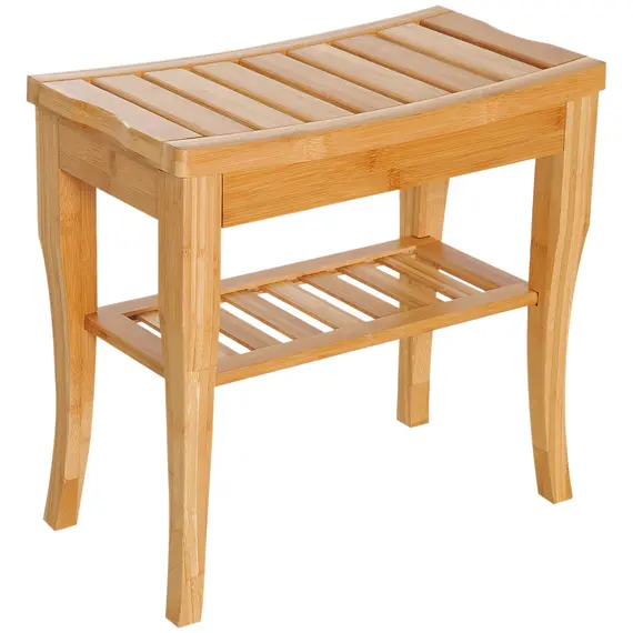 Buy 45cm 2-Tier Slatted Shower Bench Storage Seat w/ 4 Legs Comfortable Safe Bathroom Stool Spa Bath Organiser