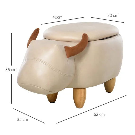 Buy Animal footstool Buffalo Storage Stool Cute Kids Decoration Wood Frame Legs w/Padding Lid Ottoman Furniture Ivory, 2 image