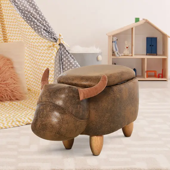 Buy Animal footstool Buffalo Storage Stool Cute Kids Decoration Wood Frame Legs w/Padding Lid Ottoman Furniture Brown, 7 image
