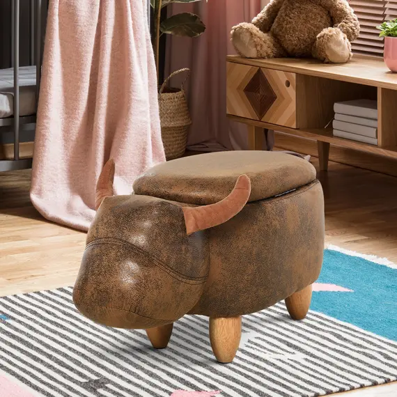 Buy Animal footstool Buffalo Storage Stool Cute Kids Decoration Wood Frame Legs w/Padding Lid Ottoman Furniture Brown, 8 image