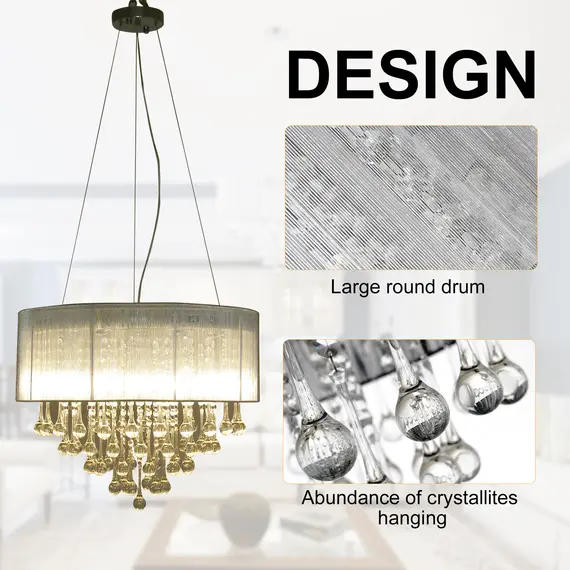Buy Elegant Modern Crystallite Ceiling Chandelier Light Pendant w/ Round Drum Shade 40W Home Lighting Furnishing Silver, Р¤54 x 40cm, 3 image