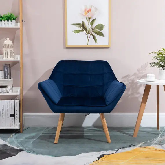 Buy HOMCOM Armchair Accent Chair Wide Arms Slanted Back Padding Iron Frame Wooden Legs Home Bedroom Furniture Seating Blue, 8 image