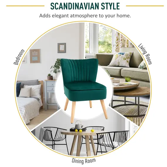 Buy HOMCOM Velvet Accent Chair Occasional Tub Seat Padding Curved Back with Wood Frame Legs Home Furniture Green, 7 image