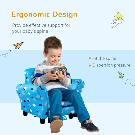 Buy Kids Children Armchair Mini Sofa Wood Frame w/ Footrest Anti-Slip Legs High Back Arms Bedroom Playroom Furniture Cute Cloud Star Blue, 3 image