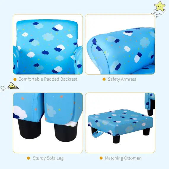 Buy Kids Children Armchair Mini Sofa Wood Frame w/ Footrest Anti-Slip Legs High Back Arms Bedroom Playroom Furniture Cute Cloud Star Blue, 6 image