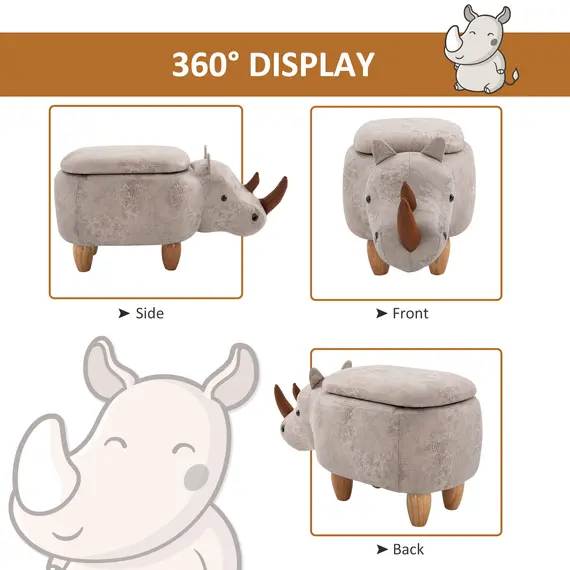 Buy Rhino Storage Stool Cute Decoration Footrest Wood Frame Legs w/ Padding Lid Ottoman Animal Furniture Grey 36x70cm, 6 image