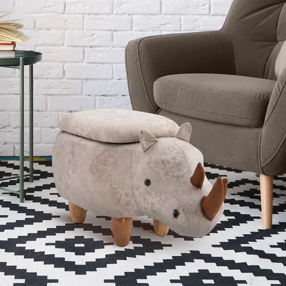 Buy Rhino Storage Stool Cute Decoration Footrest Wood Frame Legs w/ Padding Lid Ottoman Animal Furniture Grey 36x70cm, 8 image